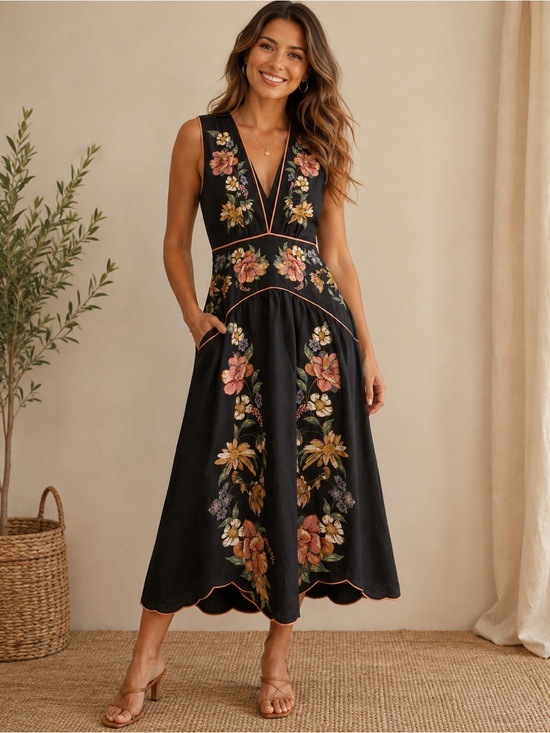 FARM Rio Dresses & Skirts - FARM Rio Black Sleeveless Floral Embroidered Midi Dress